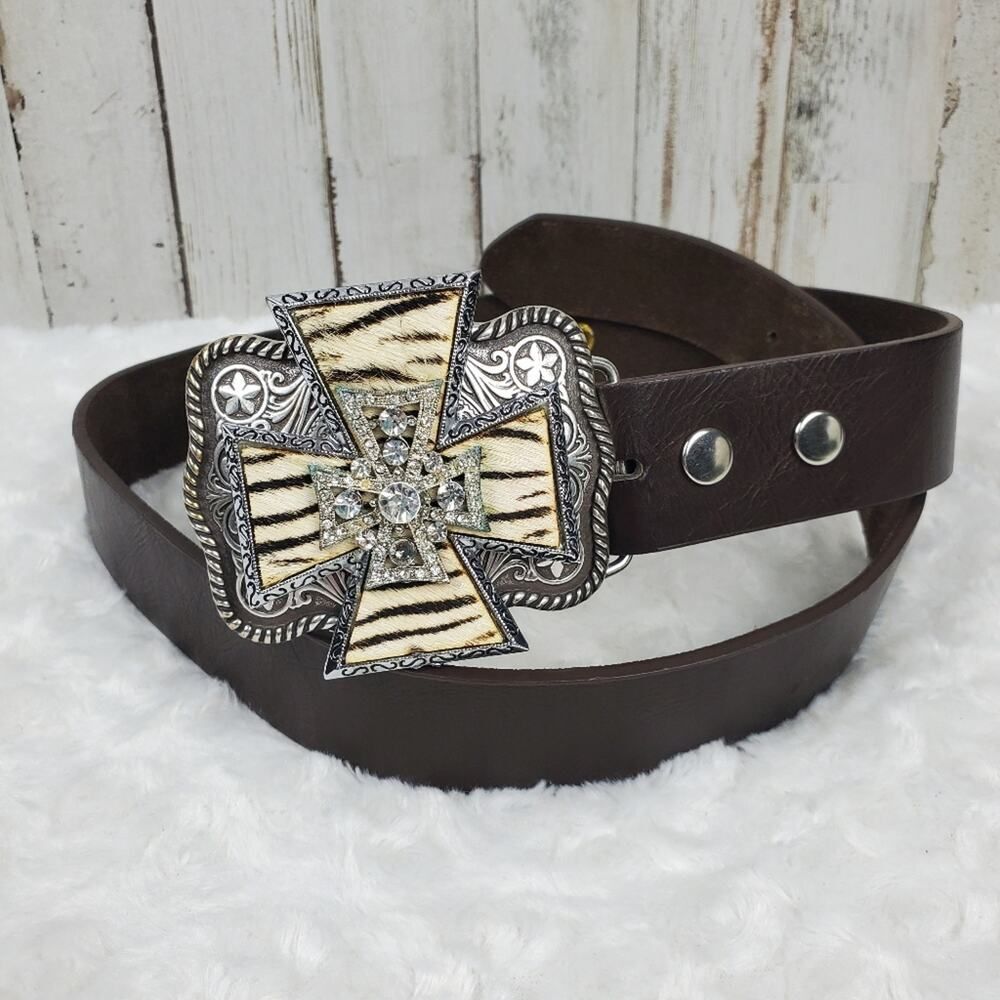 Rhinestone Cross Embellished Leather Belt Brown Size Small